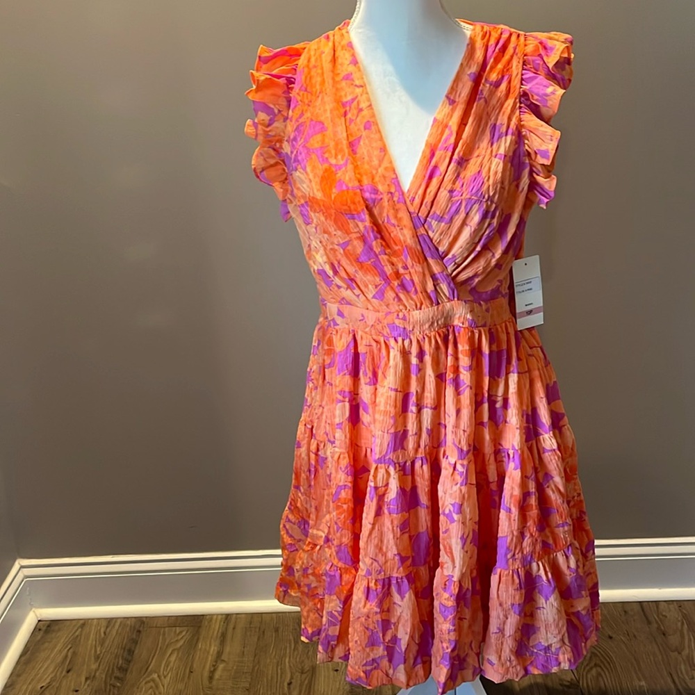 Taylor Floral Print Bubble Crepe V-Neck Flutter Cap Sleeve Pleated Mini Dress